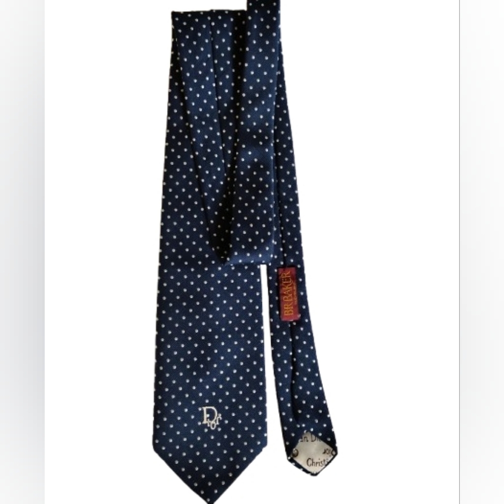 CHRISTIAN DIOR  Blue Polka Dot Logo Silk Blend Tie